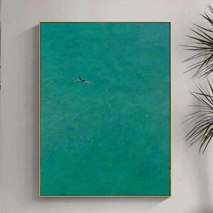 Abstract groen zeegezichtschilderij: retro minimalistische muurkunst