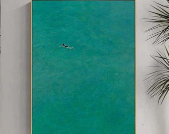 swimming in green abstract painting, green retro holiday wall art, green water vintage painting, green minimalist wall art personalized gift