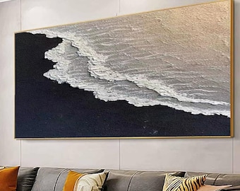 Textured Ocean Wave Painting: Black White Minimalist 3D Impasto Art