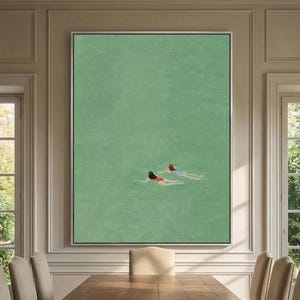Hand-Painted Green Pool Canvas Art: Minimalist Coastal Decor