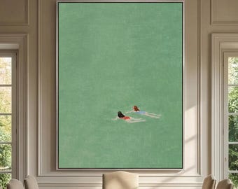 Lienzo de piscina verde pintado a mano: decoración costera minimalista
