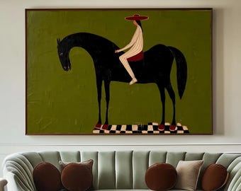 Original Abstract Horse Rider Oil Painting, Vintage Figurative Canvas, Olive Green Minimalist Wall Art