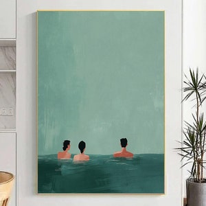 swimming in green abstract painting, green water vintage painting, green retro holiday wall art, green minimalist wall art personalized gift