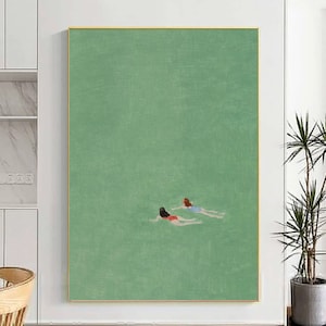 Handgeschilderde minimalistische zwemmer schilderij, groen water kunst aan de muur, twee zwemmers canvas verticale kustkunst grote muur kunst moderne slaapkamer decor
