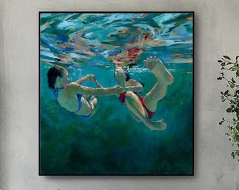 Underwater Swimming Woman Painting: Patina Blue Abstract Ocean Canvas Art