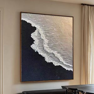 peinture wabi-sabi vagues blanches noires, peinture texturée noire blanche, art minimaliste vagues océaniques sur toile, grand art abstrait pour le salon
