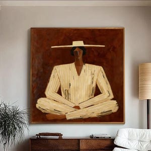 Pintura figurativa abstracta minimalista para meditación, arte mural moderno en tonos tierra neutros.