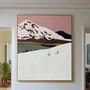 Vintage Skiing Oil Painting: Snow Mountain Landscape Art