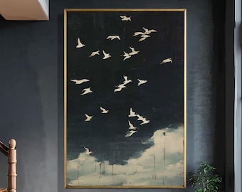 Hand-Painted Bird Canvas Art: Minimalist Night Sky Painting