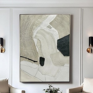 Arte murale beige Wabi Sabi, dipinto beige con texture 3D, grande arte murale con texture nera, arte murale minimalista beige, arte murale boho per soggiorno