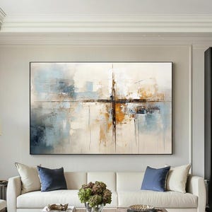 Abstract White Textured Cross Painting, Blue Beige Modern Wall Art, Large Christian Wall Art Religious Canvas Art, Faith-Inspired Home Decor