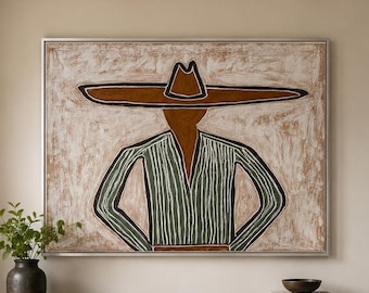 Abstracte westerncowboy muurkunst, handgeschilderd getextureerd canvas, zuidwestelijke figuurschildering, groot rustiek boerderijdecor