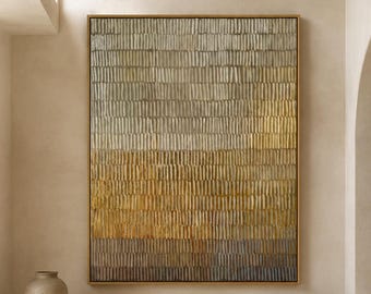 Könnte beinhalten: Ein großes rechteckiges Wandkunstwerk mit einem vertikalen, strukturierten Muster und einem Farbverlauf, der von hellem Beige oben über goldgelb in der Mitte bis zu dunkelgrau unten reicht, eingefasst in einen dünnen Holzrahmen.
