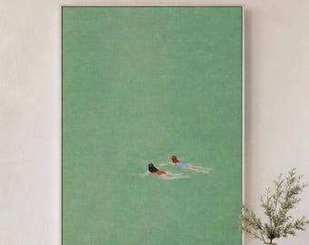 Hand Painted Minimalist Swimmer Painting, Green Water Wall Art, Two Swimmers Canvas Vertical Coastal Art Large Wall Art Modern Bedroom Decor