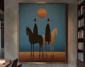 Handmålad abstrakt målning av cowboyryttare och hästar, blå västerländsk landskapskonst, modern solnedgångsdekoration i mitten av århundradet