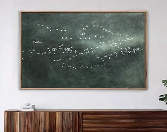 Hand-Painted Abstract Bird Flock Canvas, Dark Green Moody Minimalist Wall Art