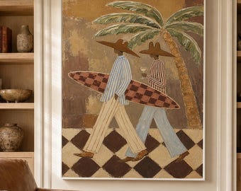 Hand Painted Surf Couple Painting, Large Textured Coastal Western Wall Art, Modern Brown Farmhouse Beach Decor