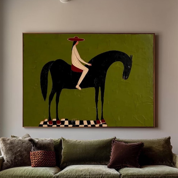 Pintura al óleo original de época de un jinete a caballo, gran obra de arte folclórico moderno en verde oliva sobre lienzo, arte mural figurativo minimalista.