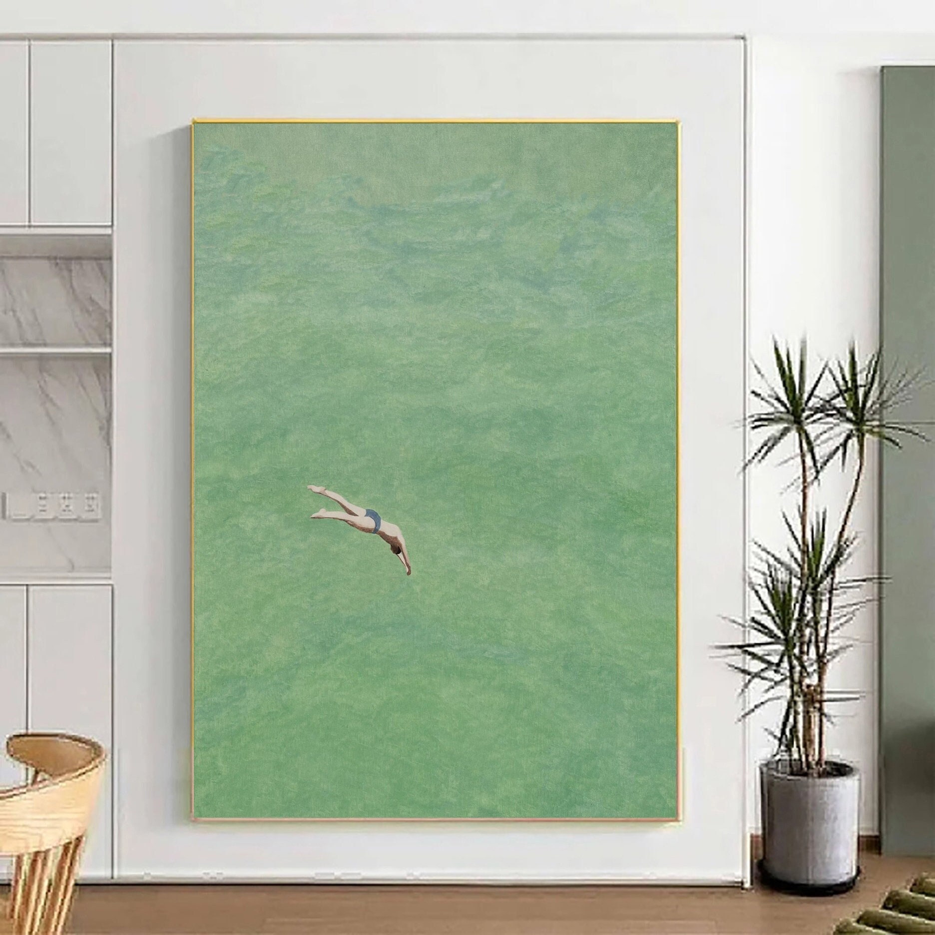 Green Ocean Diver Oil Painting: Retro Minimalist Wall Art
