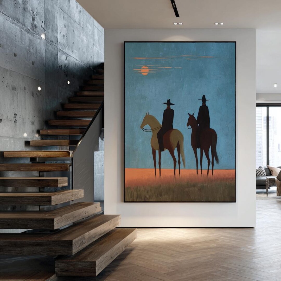 Minimalist Western Cowboy Painting, Hand Painted Horse Rider Wall Art ...
