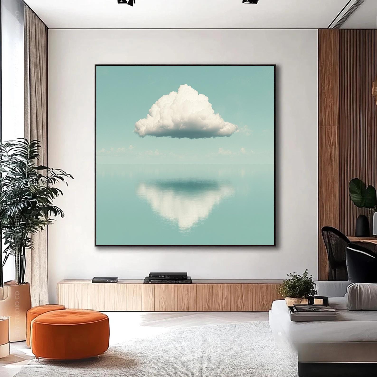 Sage Green Sky Canvas Painting White Cloud Abstract Art White Cloud Painting Sage Green Sky Minimalist Painting Hand-painted Cloud Wall Art