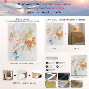 May include: Abstract floral artwork with textured brushstrokes in peach, cream, and blue. The image details options for stretched or rolled canvas, with five frame colour choices: white, black, gold, silver, and wood.