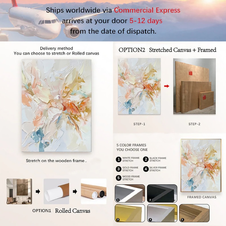 May include: Abstract floral artwork with textured brushstrokes in peach, cream, and blue. The image details options for stretched or rolled canvas, with five frame colour choices: white, black, gold, silver, and wood.
