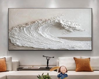 Getextureerde abstracte oceaangolf canvaskunst, beige neutraal minimalistisch muurdecor