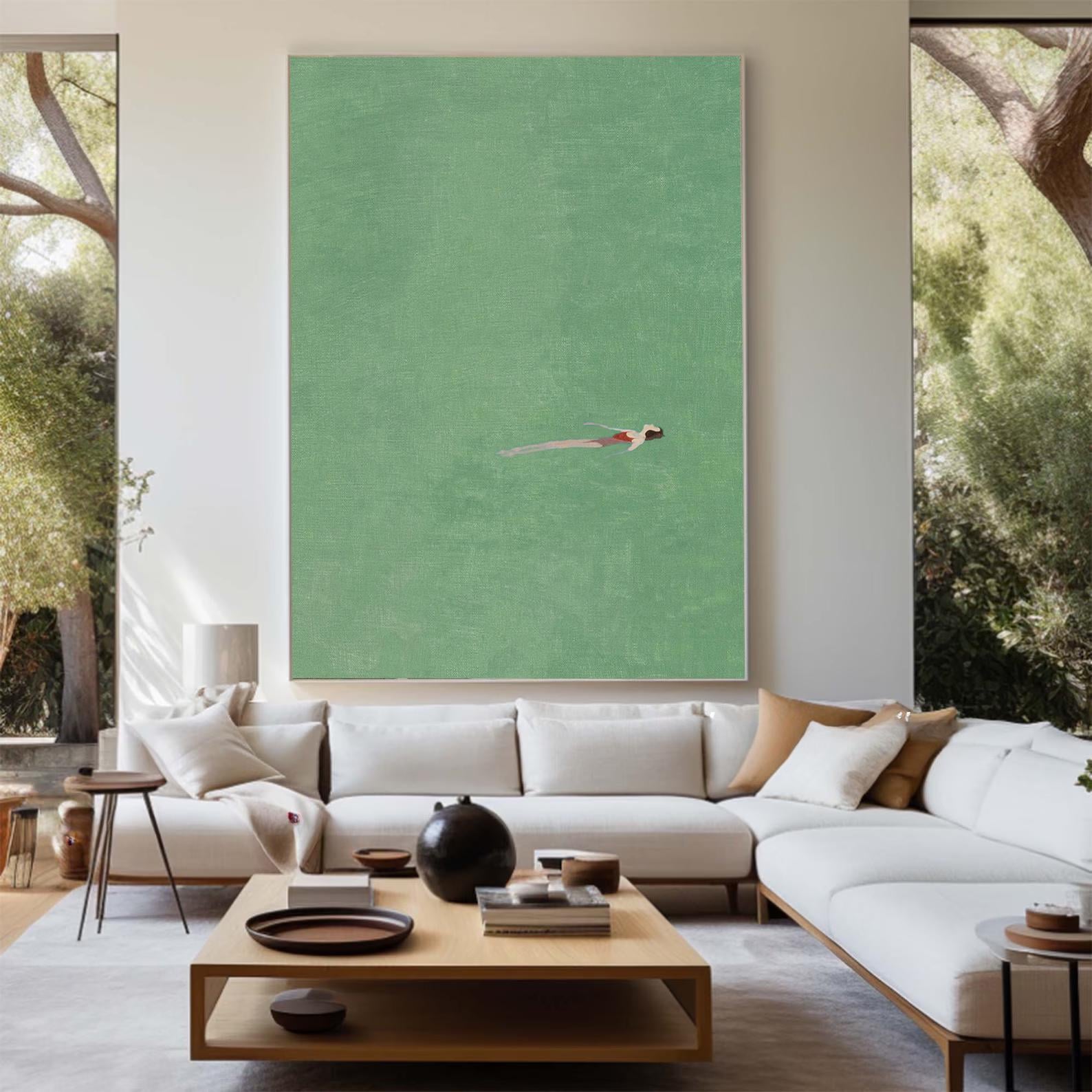 swiming in green painting green oil painting vintage retro painting green minimalist painting landscape painting holiday style wall art