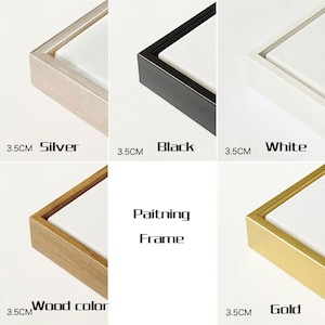 May include: Close-up of six painting frames in silver, black, white, wood colour, and gold. Each frame is 3.5cm wide and surrounds a white canvas. The text "Painting Frame" is in the centre.