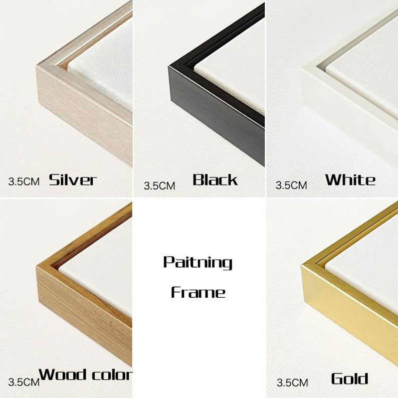 May include: Close-up of six painting frames in silver, black, white, wood colour, and gold. Each frame is 3.5cm wide and surrounds a white canvas. The text "Painting Frame" is in the centre.