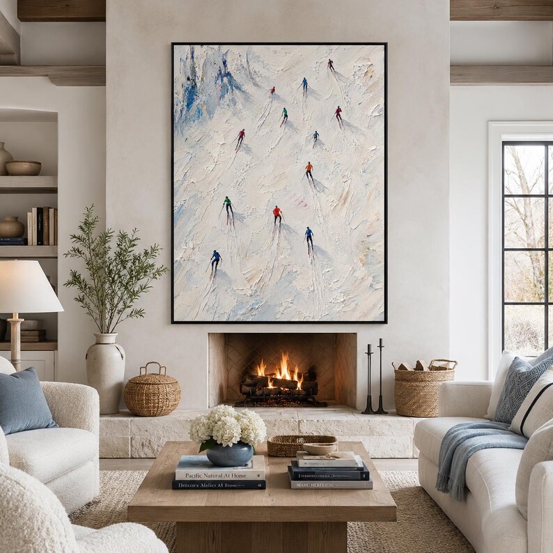 Handmade Skiing Painting, Winter Mountain Wall Art, Textured Snow Canvas, Alpine Ski Art, Large Living Room Wall Decor