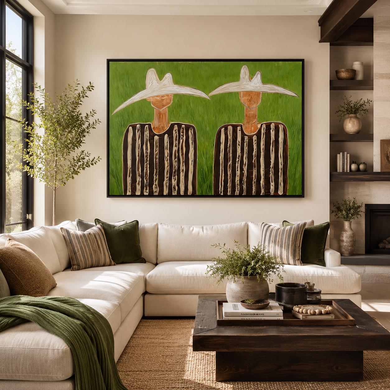 Hand Painted Western Cowboy Wall Art, Green Folk Art Painting, Cowboy Figures Canvas, Rustic Southwestern Wall Decor, Large Horizontal Art