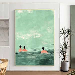 Swimming in Green Abstract Art Green River Textured Wall Art Green Minimalist Painting Green Ocean Vintage Retro Painting Modern Green Art