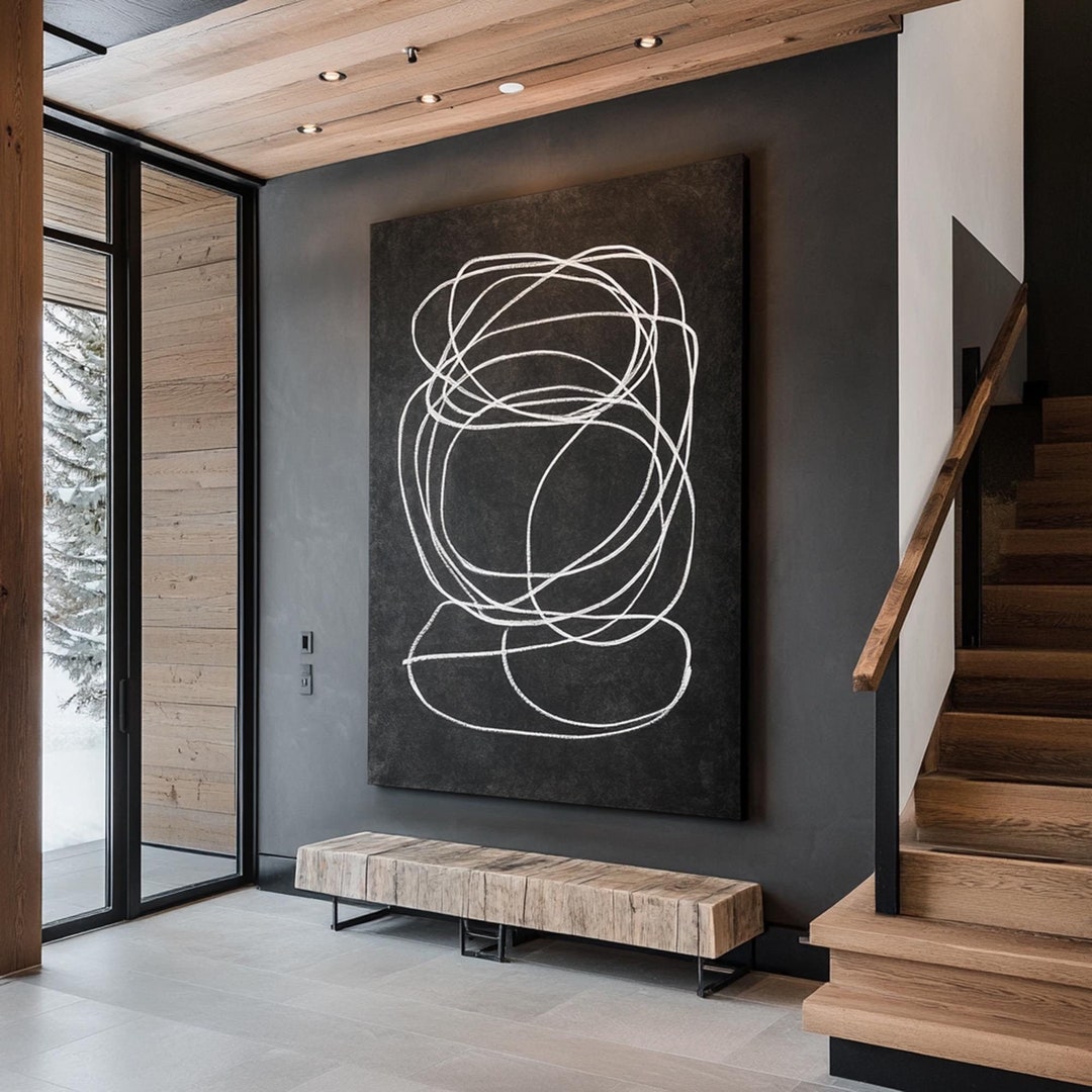 Large Black White Abstract Line Art, White Minimalist Canvas Wall Art ...