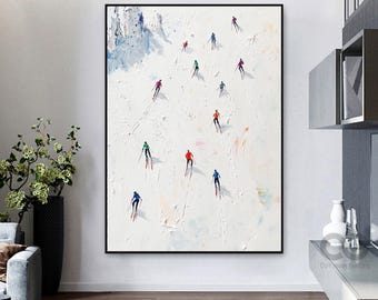 Original 3D Skiing Sport Art, Skier Textured Wall Art, Snowy Mountain Skiing Textured Painting, White Snowboards Painting, Skier Painting