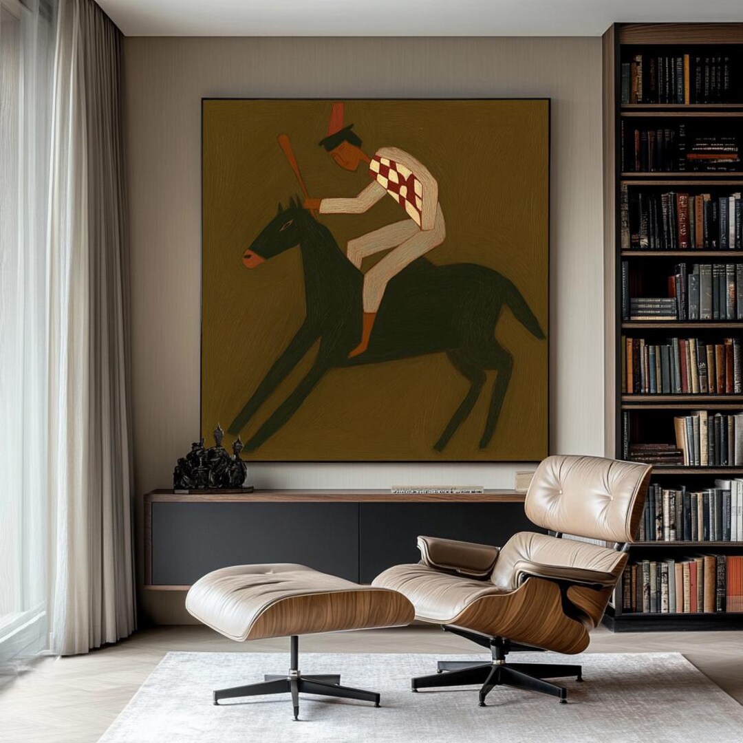 Hand-painted Equestrian Art, Rustic Brown Horse Rider, Geometric Cubist ...