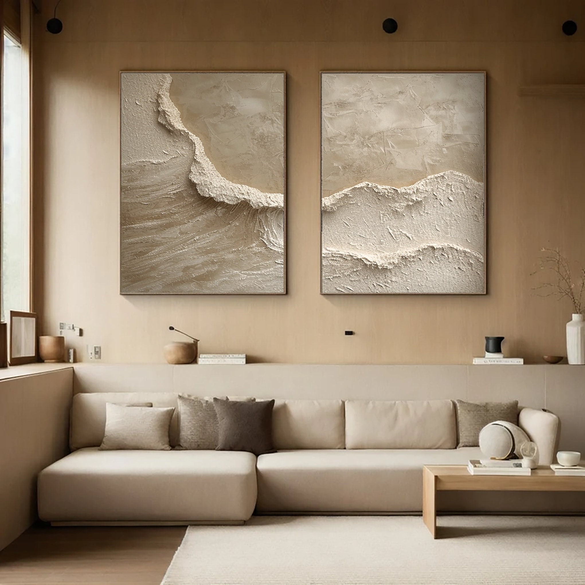 Gallery Detail: Set Of 2 Textured Wall Painting A Pair Beige Heavy