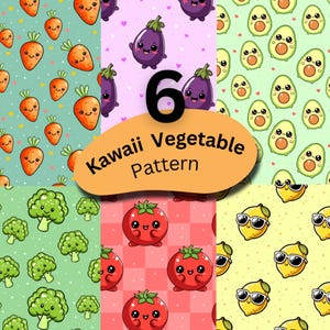 May include: Six kawaii vegetable patterns featuring cartoon carrots, aubergines, avocados, broccoli, tomatoes, and lemons. The patterns are displayed with the text "Kawaii Vegetable Pattern" on an orange oval, with the number "6" above.