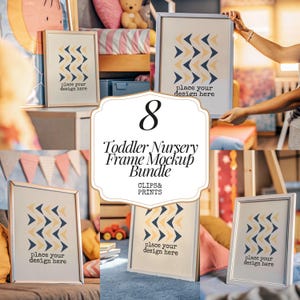 May include: A set of eight white picture frames with silver trim, each featuring a geometric design in yellow and blue. The frames are arranged in a nursery setting with colorful accents and toys. The text "place your design here" is visible in each frame.
