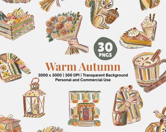 Cozy Autumn Doodle Clipart PNG Set Fall Cottage Aesthetic Floral Pumpkin Illustrations Digital Download for Crafts Stickers and Invitations