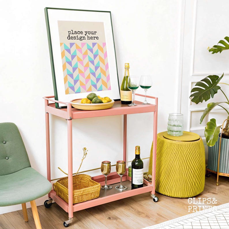DIN A 5x7 Ratio Vertical Mockup Bar Cart Frame Mockup Poster Mockup Frame Template Wall Art Mockup Martini Wall Decor Bar Cart Poster