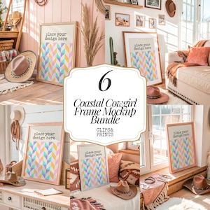 Könnte beinhalten: Ein Set mit sechs Rahmen-Mockups im Coastal-Cowgirl-Stil. Die Rahmen sind alle weiß mit einer Holzoptik und weisen ein geometrisches Muster in Rosa, Blau und Gelb auf. Die Rahmen werden in verschiedenen Umgebungen gezeigt, darunter ein Wohnzimmer, ein Schlafzimmer und ein Wintergarten. Der Text "place your design here" ist auf jedem Rahmen sichtbar.