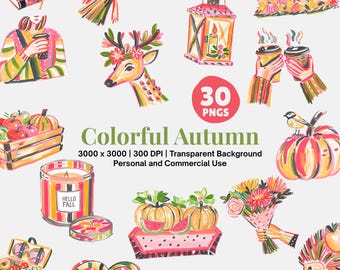 Colorful Autumn Clipart Bundle: Autumn Doodles, Whimsical Fall PNG Bundle for Personal and Commercial Use; Digital Download