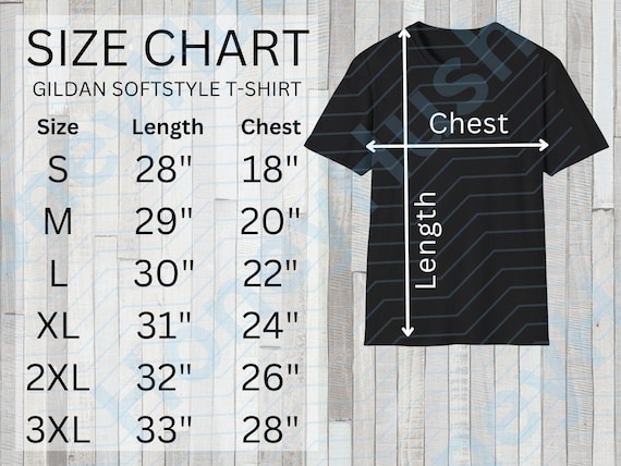 Gildan 64000 Softstyle T-shirt Size Chart JPG Digital Download for