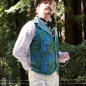 Green and Blue Peacock Feathers Floral Silk Brocade Gentleman's Victorian Lapeled Vest