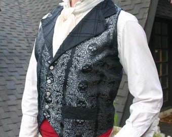 Black and Silver Jolly Roger Skull Silk Brocade Steampunk Victorian Lapeled Gentlemen's Vest