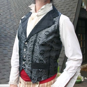 Black and Silver Jolly Roger Skull Silk Brocade Steampunk Victorian Lapeled Gentlemen's Vest