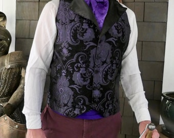 Black and Purple Medieval Pattern Tapestry Brocade Steampunk Victorian Lapeled Gentlemen's Vest