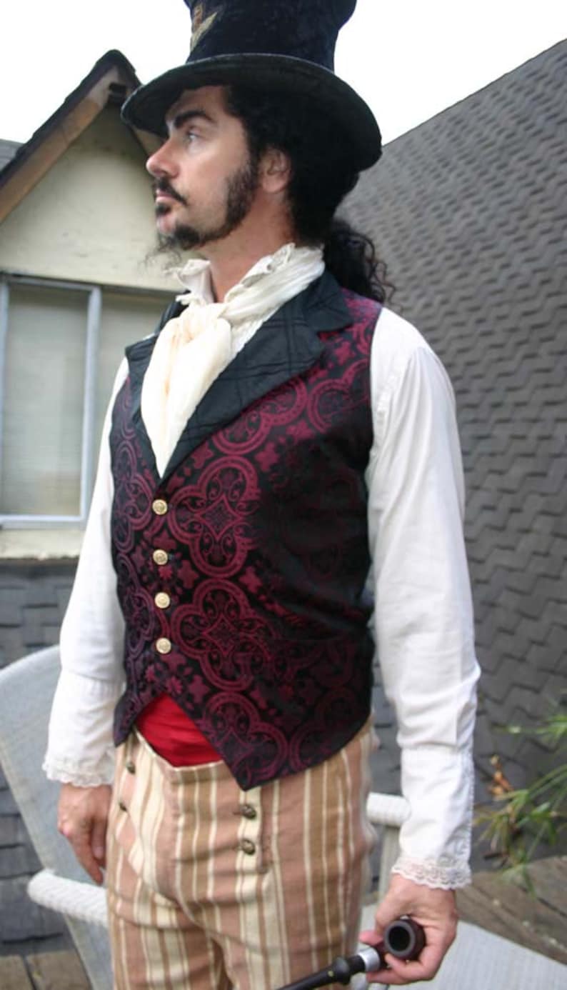 Schwarz und Kastanienbraun Mittelalter Muster Seidenbrokat Steampunk Viktorianische Revers Herrenweste Bild 1